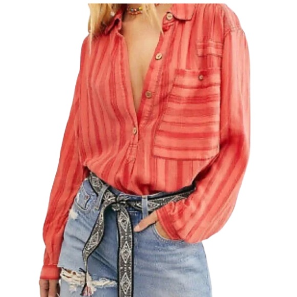 Free People Tops - Free People We The Free Summer Breeze Stripe Button Down Shirt In Coral